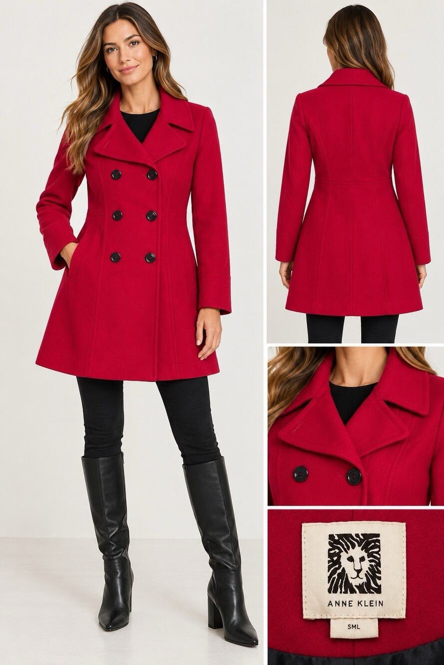 Anne Klein Wool Blend Coat Womens S Small Red Double Breasted Peacoat Jacke